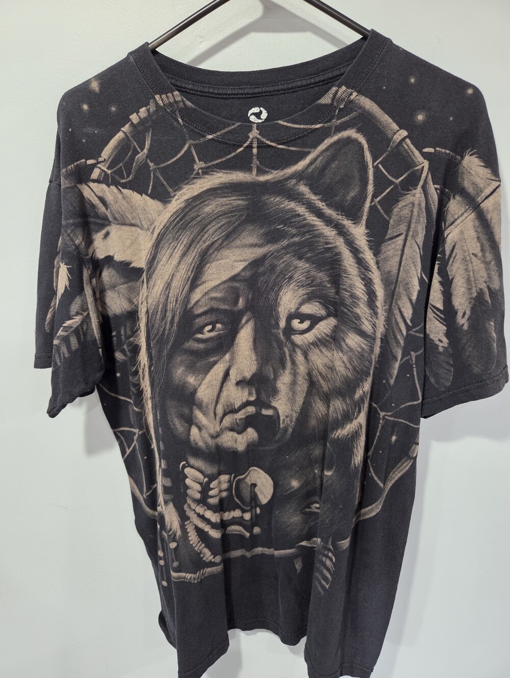 Vintage Liquid Blue Shirt Mens L Wolf Native American AOP Graphic Tee 90s